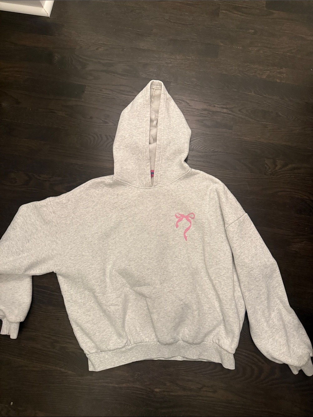 Edikted Gray Hoodie Sweatshirt with Pink Ribbon Accent